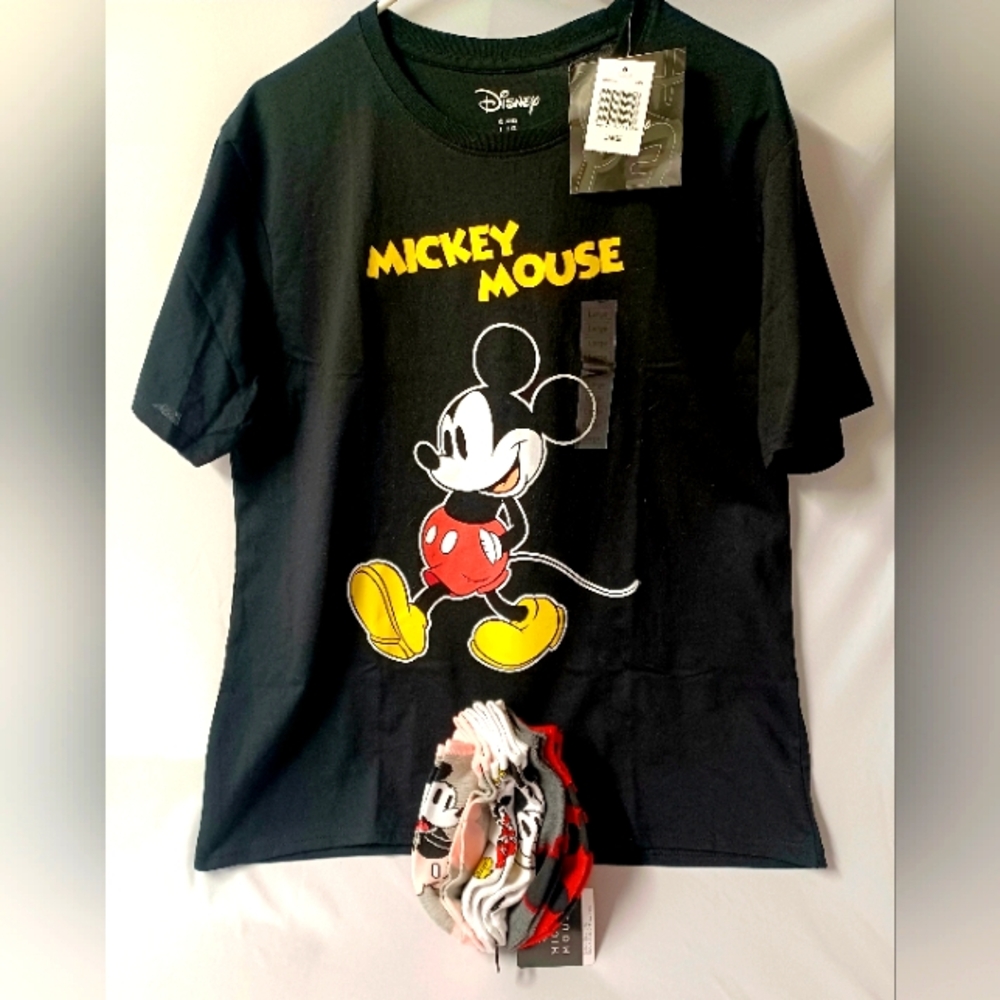 Disney Mickey Mouse Bundle- Tee Shirt Size Lg/ Socks Set Of 6 Pairs NWT